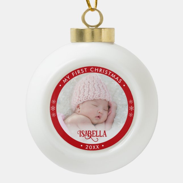 My First Christmas Photo Red Ceramic Ball Ornament (Front)