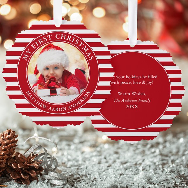 My First Christmas Photo Red Stripes Tree Decoration Card (A greeting card that is also an ornament! Customize with your photo and personalized text.)