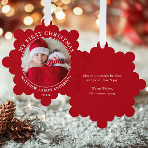 My First Christmas Photo Red Tree Decoration Card