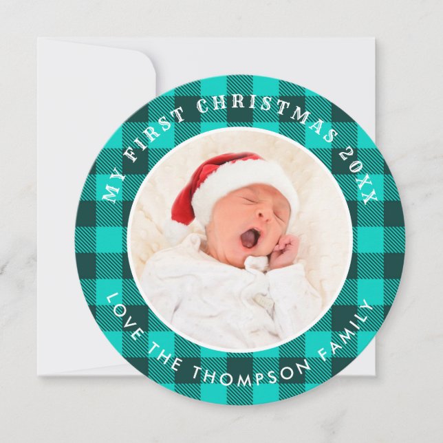 My First Christmas Photo Teal Plaid Circular Holiday Card (Front)