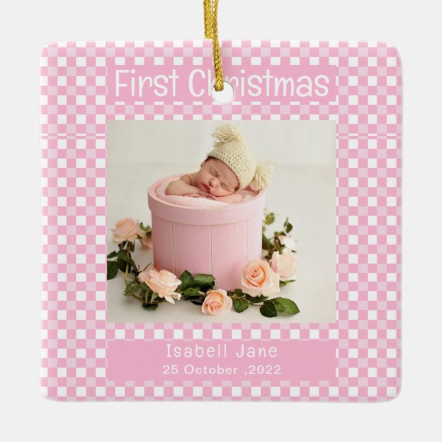 My First Christmas Pink Buffalo Plaid Baby Photo  Ceramic Ornament (Front)