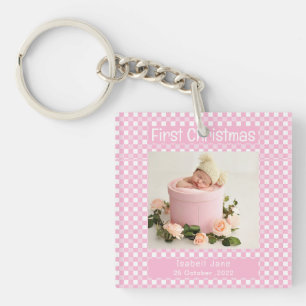 My First Christmas Pink Buffalo Plaid Baby Photo  Key Ring