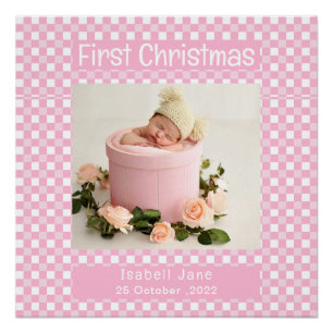 My First Christmas Pink Buffalo Plaid Baby Photo  Poster