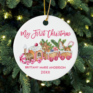 My First Christmas Pink Gingerbread Train Baby Ceramic Tree Decoration