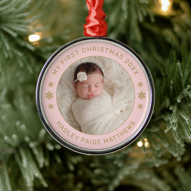 My First Christmas Pink Personalized Baby Photo Metal Tree Decoration (Tree)