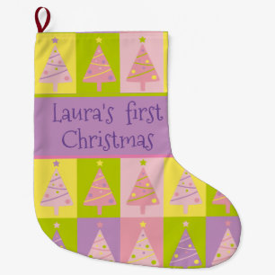 My First Christmas Pink Purple Trees Custom  Large Christmas Stocking