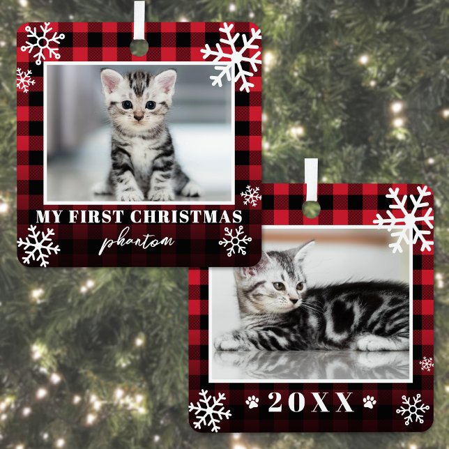 My First Christmas Plaid Cat Photo Metal Tree Decoration (My First Christmas Red Plaid Cat Photo Metal Ornament )