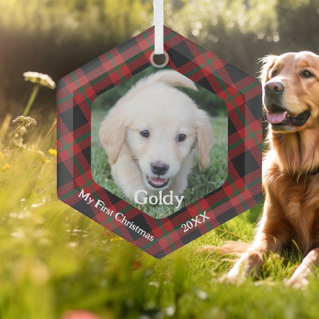 My First Christmas Plaid Pet Photo Glass Tree Decoration (Creator Uploaded)