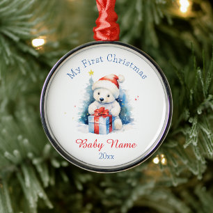 My First Christmas Polar Bear Custom Name Keepsake Metal Tree Decoration
