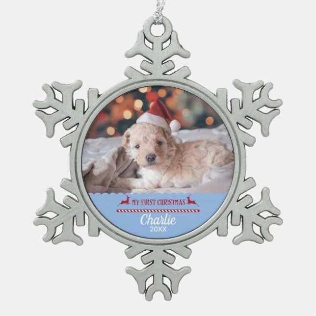 My First Christmas Puppy Custom Photo Snowflake Pewter Christmas Ornament (Front)