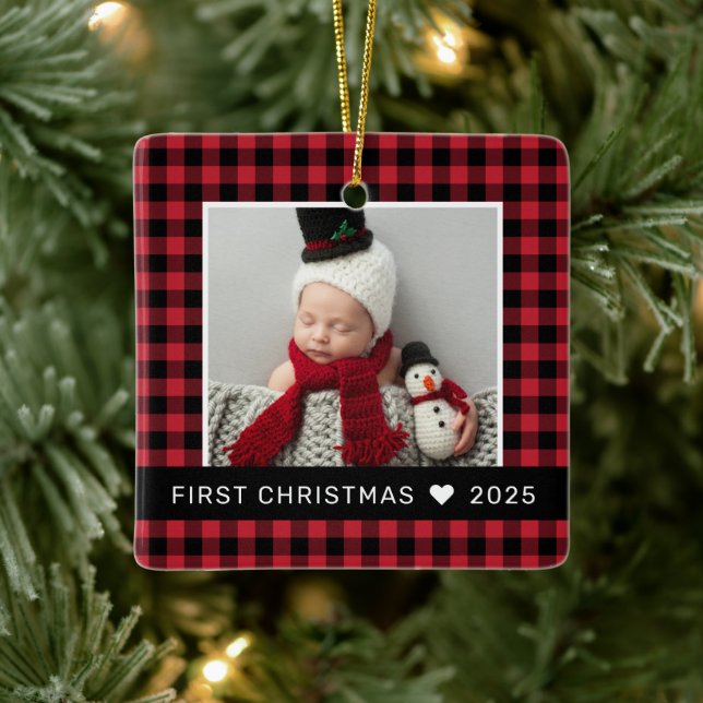 My First Christmas Red Buffalo Plaid Baby Photo Ceramic Ornament (Tree)