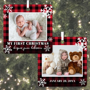 My First Christmas Red Plaid Baby Photo Metal Tree Decoration