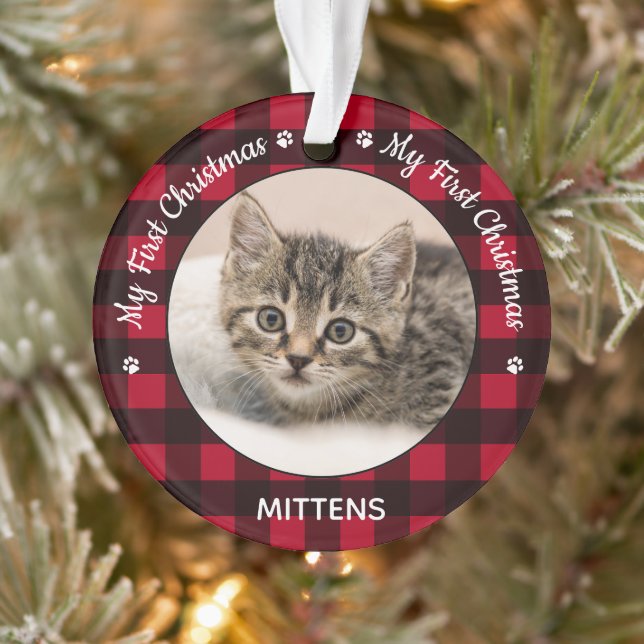My First Christmas Red Plaid Cat Kitten Pet Photo Ornament (Tree)