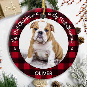 My First Christmas Red Plaid Dog Puppy Pet Photo Ceramic Tree Decoration