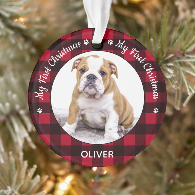 My First Christmas Red Plaid Dog Puppy Pet Photo Ornament (Tree)