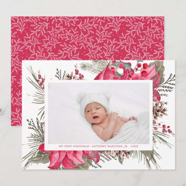 My First Christmas Red Poinsettia Baby Photo Holiday Card (Front/Back)
