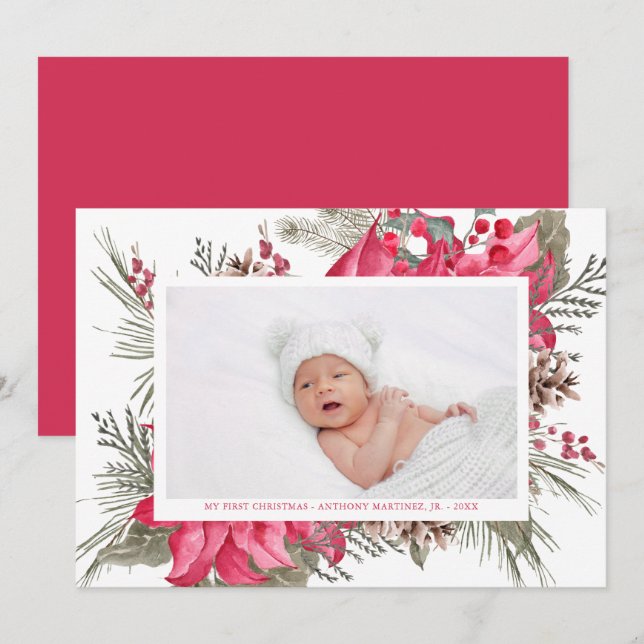 My First Christmas Red Poinsettia Baby Photo Holiday Card (Front/Back)
