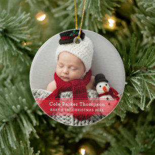 My First Christmas Red Stripe Custom Baby Photo Ceramic Tree Decoration