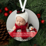 My First Christmas Red Stripe Custom Baby Photo Ornament<br><div class="desc">This simple and stylish two-sided holiday keepsake ornament features a favourite photo of your newborn photo with a simple garnet red translucent stripe overlay with modern "My 1st Christmas" text that can be personalised with baby's name and their birth year. Neutral red colour is works for both a baby boy...</div>