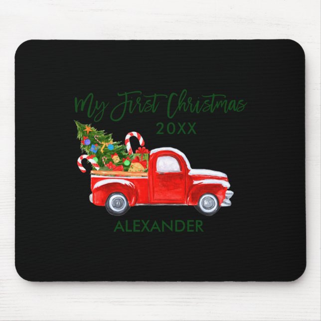My First Christmas Red Truck Candy Canes Gray Baby Mouse Mat (Front)