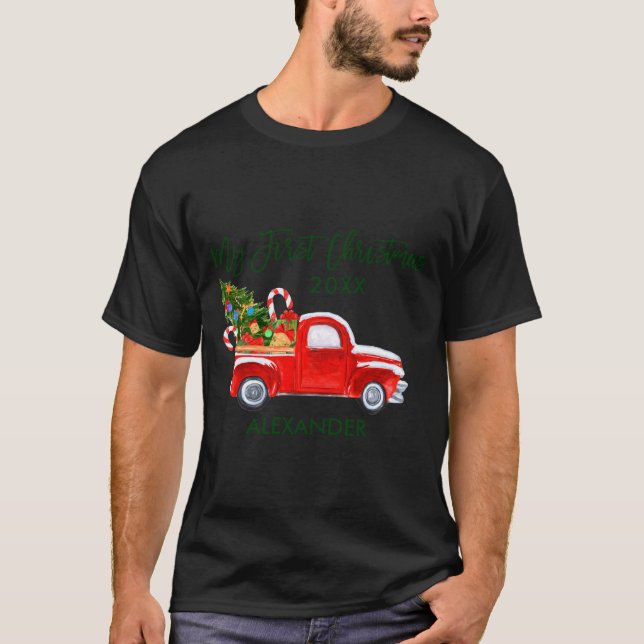 My First Christmas Red Truck Candy Canes Gray Baby T-Shirt (Front)