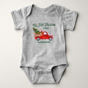 My First Christmas Red Truck Candy Canes Grey Baby Bodysuit