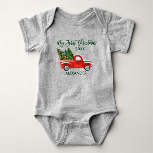 My First Christmas Red Truck Green Script Grey Baby Bodysuit