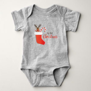 My First Christmas Reindeer In A Stocking Red Baby Bodysuit