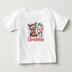 My First Christmas Reindeer Penguin with Date Baby T-Shirt