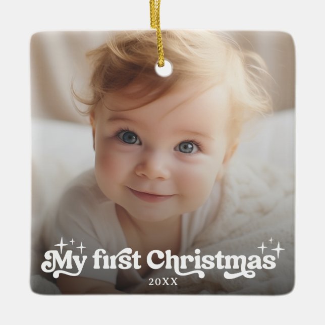 My First Christmas Retro Typography Full Photo Ceramic Ornament (Front)