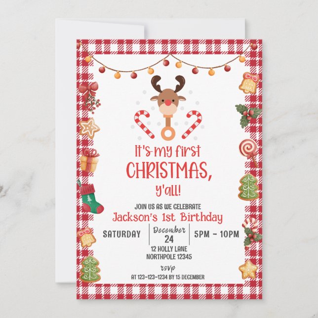 My First Christmas, Rudolph Reindeer Birthday Invitation (Front)