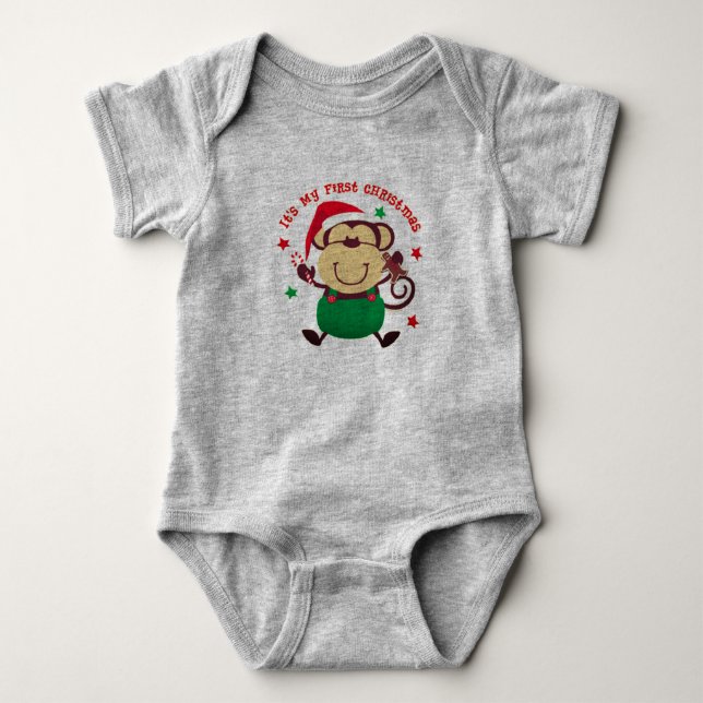 My First Christmas Santa Monkey Baby Bodysuit (Front)