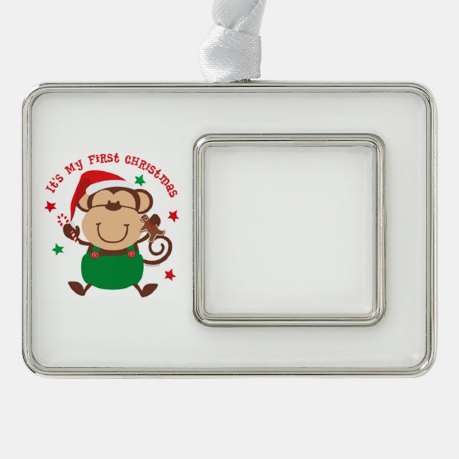 My First Christmas Santa Monkey Silver Plated Framed Ornament (Front)