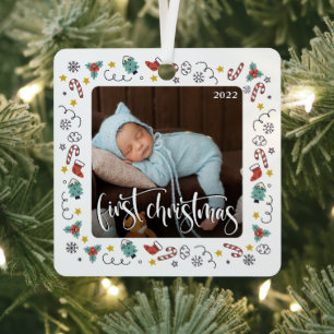 My First Christmas Script Baby Birth Stats & Photo Metal Tree Decoration