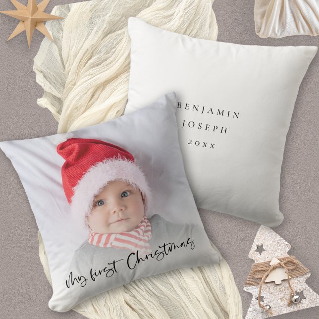My First Christmas Script Baby Photo Name Year Cushion (Front and back view)