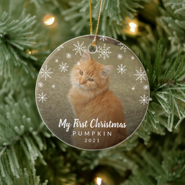 My First Christmas Snowflakes Cat Photo Ceramic Tree Decoration (Tree)