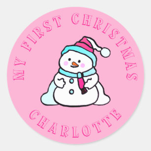 My First Christmas   Snowman Custom Pink Classic Round Sticker