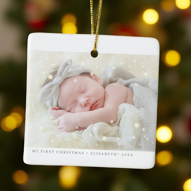 My First Christmas Stars Modern Baby Girl Photo Ceramic Ornament (Creator Uploaded)