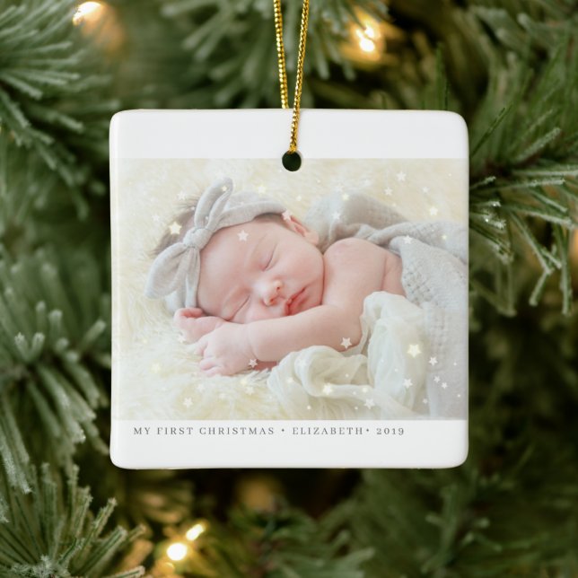 My First Christmas Stars Modern Baby Girl Photo Ceramic Ornament (Tree)