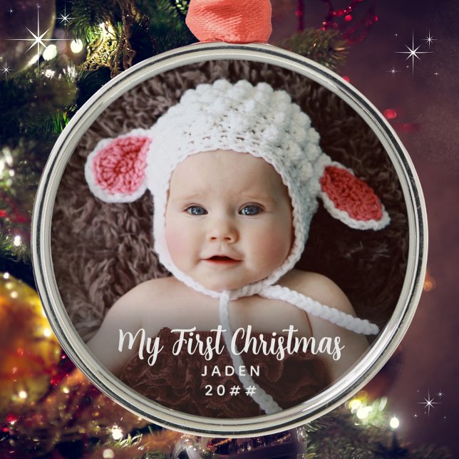 My First Christmas Timeless Baby Photo Metal Tree Decoration (Add a photo, name and date. Available in many types of ornaments. Merry Christmas & Congratulations!)