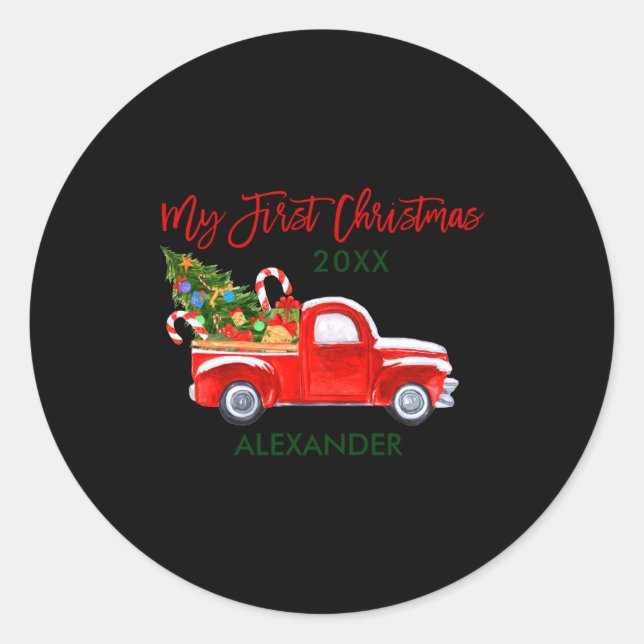 My First Christmas Truck Candy Canes Green Red Bab Classic Round Sticker (Front)