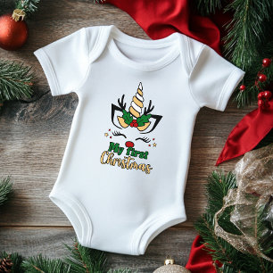 My First Christmas Typography Cute Festive Unicorn Baby Bodysuit