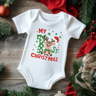 My First Christmas Typography Cute Reindeer Baby Bodysuit