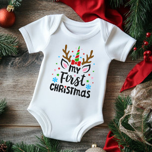 My First Christmas Typography Cute Unicorn Baby Bodysuit