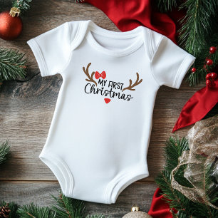My First Christmas Typography Simple Antlers Bow Baby Bodysuit