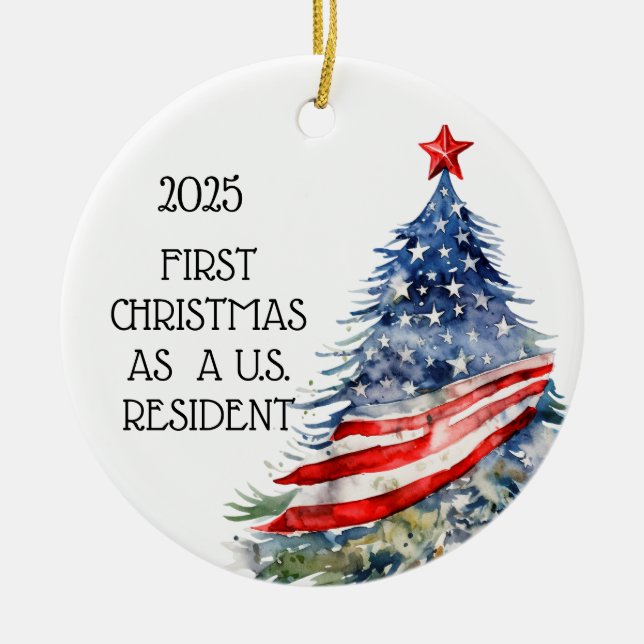 My First Christmas U.S. Resident American Flag Ceramic Tree Decoration (Front)