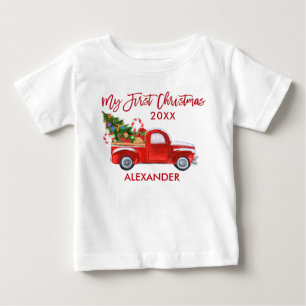 My First Christmas Vintage Red Truck Candy Canes Baby T-Shirt
