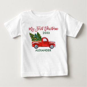 My First Christmas Vintage Truck Red Green Baby T-Shirt