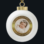 My First Christmas White Personalised Baby Photo  Ceramic Ball Christmas Ornament<br><div class="desc">Elegant 'My First Christmas' ornament with your baby girl's photo, her full name, and the year of her birth. Elegant white shaped text against a gold brushed faux metallic background. Simply upload your photo and move it around for your placement. Create a close in photo of your baby's face. Replace...</div>