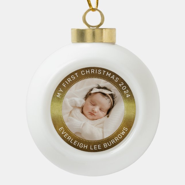 My First Christmas White Personalised Baby Photo  Ceramic Ball Christmas Ornament (Front)